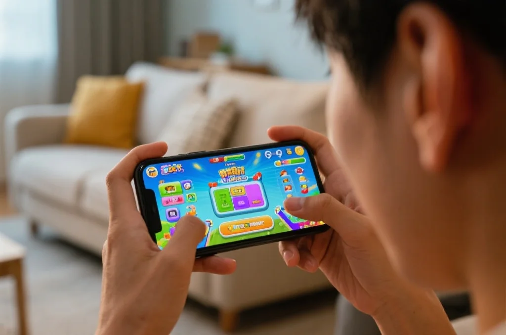 年轻人在舒适的客厅中用手机专注地玩娱乐类APP，屏幕上显示丰富多彩的游戏界面